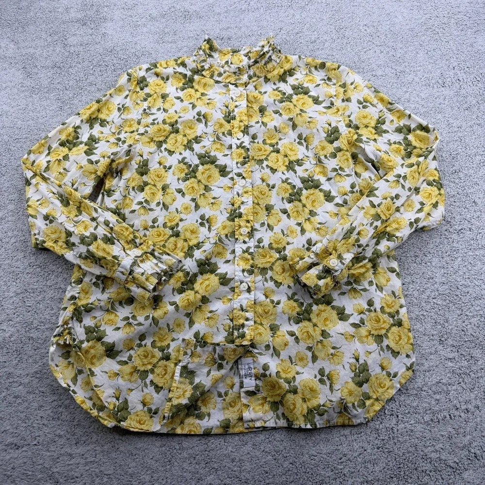 J Crew Liberty Carline Rose Shirt Womens 10 Yellow Floral Ruffle Trim Button Up